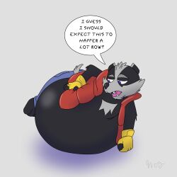  badger belly belly_inflation big_belly black_body black_fur bradley_the_badger dialogue expansion fur hi_res immobile inflation male mammal mustelid musteline puffer_vest speech_bubble wot 