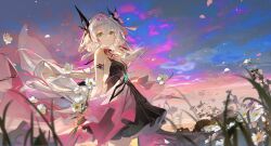  absurdres anemone_(flower) arm_strap arms_behind_back black_dress blue_sky bow breasts butterfly_ornament chinese_commentary commentary_request cowboy_shot dress duet_night_abyss falling_petals female field floating_hair flower flower_field gradient_sky grass green_eyes hair_between_eyes head_bow headpiece highres holding holding_flower jellyfish_cut long_hair looking_at_viewer multicolored_dress petals pink_bow pink_dress pink_petals pink_sky psyche_(duet_night_abyss) sidelocks sky sleeveless sleeveless_dress small_breasts smile solo tracyton very_long_hair white_hair 