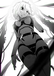  belt_around_waist blurry blurry_foreground bodysuit breasts chromatic_aberration commentary cowboy_shot cyberpunk depth_of_field from_below greyscale hair_ornament hairclip halo_framing hand_on_own_chest head_tilt highres legs_together looking_at_viewer marie_(peripeteia) medium_breasts medium_hair monochrome parted_lips peripeteia sakotano science_fiction white_background 