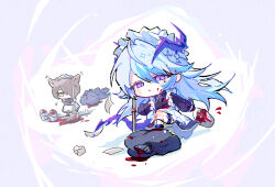  2boys animal_ears apron arknights black_dress blood blood_on_face blue_eyes broom brown_eyes brown_hair bucket censored chibi closed_mouth crossdressing crossdressing_(mtf) dress grey_hair hair_between_eyes hair_over_one_eye highres holding holding_broom holding_bucket horns long_sleeves maid maid_headdress male_focus male_maid mosaic_censoring multicolored_hair multiple_boys myluche phantom_(arknights) pointy_ears puffy_long_sleeves puffy_sleeves purple_eyes puzzle_(arknights) standing streaked_hair tragodia_(arknights) trash_bag white_apron 