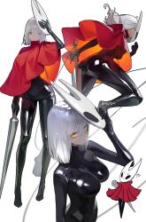  absurdres ass black_bodysuit bodysuit breasts cape closed_mouth commentary_request female grey_hair highres holding holding_mask holding_weapon hollow_knight hollow_knight:_silksong hornet_(hollow_knight) humanization korean_commentary lizchief looking_at_viewer mask medium_breasts medium_hair multiple_views red_cape running serious standing weapon yellow_eyes 