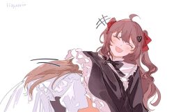  2girls ahoge black_bow black_bowtie black_dress bow bowtie broken_heart broken_heart_hair_ornament brown_hair closed_eyes commentary dress english_commentary evil_neuro-sama hair_between_eyes hair_ornament hair_ribbon heart heart_hair_ornament incest laughing liquain long_hair long_sleeves multiple_girls neuro-sama open_mouth red_ribbon ribbon siblings simple_background sisters teardrop twincest twins two_side_up upper_body vedal_ai virtual_youtuber white_background white_dress yuri 