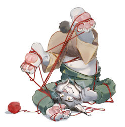  2025 3_toes 4_fingers anthro ball_of_yarn bodily_fluids claws clothed clothing digital_media_(artwork) disney entangled feet felid feline finger_claws fingers fur grey_body grey_fur hi_res khaki_pants legs_up lying lynx male mammal navel on_back pawbert_lynxley pawpads paws pink_nose pink_pawpads raised_clothing raised_shirt raised_topwear seatohao shirt simple_background solo sweat sweatdrop sweater tail toe_claws toes topwear upside-down white_background yarn yellow_eyes zootopia 