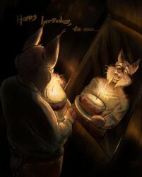  0_dawn_break_0 anthro birthday_cake cake clothing dark_lighting dessert disney felid feline food green_clothing green_sweater green_topwear hi_res lynx male mammal mirror mirror_reflection open_mouth open_smile pawbert_lynxley reflection smile solo standing sweater topwear zootopia 