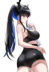  absurdres ass asymmetrical_horns black_hair black_shorts black_sports_bra blue_hair blush breasts colored_inner_hair cowboy_shot demon_horns female from_behind high_ponytail highres hololive hololive_english horns large_breasts long_hair looking_back midriff multicolored_hair nerissa_ravencroft ponytail red_eyes short_shorts shorts simple_background solo sports_bra thighs two-tone_hair uneven_horns very_long_hair virtual_youtuber white_background yuiinn14563 