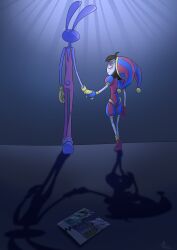  4_fingers absurd_res anthro bunny_ears_(gesture) duo female fingers gesture glitch_productions hand_holding hi_res humanoid jax_(tadc) kaufmo_(tadc) lagomorph larger_male leporid looking_at_another male mammal polaroid_photo pomni_(tadc) rabbit rear_view ribbit_(tadc) screaming_alice size_difference smaller_female smile somber the_amazing_digital_circus walking waving 