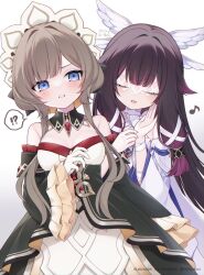  !? 2girls bare_shoulders blue_eyes breasts brown_hair closed_eyes columbina_(genshin_impact) commentary_request detached_sleeves dress eye_mask genshin_impact gloves head_wings headdress highres locked_arms long_hair long_sleeves mask multiple_girls musical_note open_mouth purple_hair ririhyvpct sandrone_(genshin_impact) simple_background smile spoken_interrobang white_background white_dress white_gloves white_wings wide_sleeves wings 