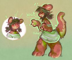  anthro bleh blush brown_body brown_fur clothing dark_hair devon_(panken) fur hi_res male mammal mustelid off-shoulder_top otter oversized_clothing oversized_shirt oversized_topwear panken shirt smile solo speech_bubble standing tongue tongue_out topwear twintails 