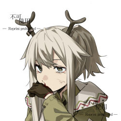  antlers arknights black_gloves blood coat commentary_request female firewatch_(arknights) gloves green_coat green_eyes grey_hair hair_between_eyes highres horns long_hair longshengyan looking_at_viewer mole mole_under_eye nosebleed ponytail reindeer_antlers reindeer_girl sidelocks simple_background solo white_background wiping_face 