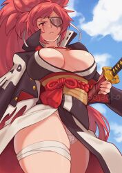  amputee baiken black_jacket black_kimono blue_sky breasts breasts_apart cloud cloudy_sky commentary curvy day english_commentary eyepatch female from_below guilty_gear high_ponytail highres holding holding_sword holding_weapon jacket japanese_clothes kimono large_breasts long_hair looking_at_viewer mandytsune obi open_clothes open_jacket outdoors panties parted_lips pelvic_curtain plunging_neckline ponytail red_eyes red_hair sash sheath sheathed skull_print sky solo sword tassel thick_thighs thighs twitter_username underwear very_long_hair weapon white_panties wide_ponytail 