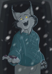  absurd_res anthro bottomwear clothing disney felid feline front_view green_clothing green_sweater green_topwear grey_bottomwear grey_clothing grey_pants hi_res lynx male mammal open_mouth pants pawbert_lynxley reaching smile smirk snow solo standing sweater topwear wasi_oekakilion yellow_eyes zootopia 