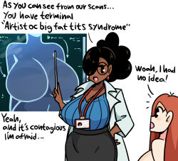  2girls absurdres black_hair black_skirt breasts cleavage commentary english_commentary english_text glasses hair_over_one_eye highres huge_breasts juliette_(murgoten) lanyard mole mole_under_eye multiple_girls murgoten orange_hair original round_eyewear simple_background skirt white_background 