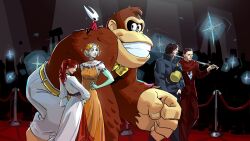  2025 5_fingers anninosart ape black_clothing black_hair black_overalls bottomwear bow_tie brown_body brown_fur brown_hair clothing death_stranding donkey_kong_(character) donkey_kong_(series) dress fingers fist flash_photography fur gorilla grey_clothing grey_jacket grey_topwear grin group hades_(game) hair haplorhine henry_of_skalitz hi_res holding_melee_weapon holding_object holding_sword holding_weapon hollow_knight_(franchise) hornet_(hollow_knight) jacket kingdom_come:_deliverance maelle_(expedition_33) mammal melee_weapon melinoe_(hades) nintendo orange_clothing orange_dress overalls pale_skin pants primate red_carpet red_clothing red_dress red_hair red_shirt red_topwear sam_porter_bridges shirt silhouette smile sparkles sword tan_body tan_skin team_cherry the_game_awards topwear vessel_(species) weapon white_bottomwear white_clothing white_pants yellow_bow_tie 