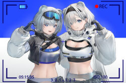  2girls :d absurdres animal_ears arknights arknights:_endfield aurora_(arknights) bbgg_(pixiv_77795272) bear_ears bear_girl black_gloves black_hairband black_jacket blue_background blue_eyes breasts bright_pupils chinese_commentary cleavage cleavage_cutout closed_mouth clothing_cutout commentary_request crop_top cropped_jacket eyewear_on_head gloves goggles hair_over_one_eye hairband hand_up highres jacket large_breasts long_hair long_sleeves looking_at_viewer multicolored_jacket multiple_girls open_clothes open_jacket open_mouth recording short_hair simple_background ski_goggles smile snowshine_(arknights) teeth two-tone_jacket unzipped upper_body upper_teeth_only viewfinder white_background white_hair white_jacket white_pupils 