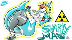 ass athletic athletic_female back_to_the_future big_breasts big_butt blue_body blue_eyes blush breasts clothing digital_media_(artwork) english_text female fish fish_tail footwear hair hazard_symbol hi_res labial_pit lying marine multicolored_hair neofox1 nike nike_mag nipples pit_organ radiation_symbol rainbow_hair shark sharky_mag sharp_teeth shoes simple_background smile sneakers solo sport symbol tail teeth text theet white_background 
