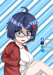  black-framed_eyewear blue_hair breasts claw_hair_clip female hair_ornament hairband hairclip hand_grabbing_both_breasts highres kanata_genma long_sleeves looking_at_viewer mila_(miside) miside mita_(miside) pajamas red_hairband red_pajamas red_shirt red_sweater shirt sweater 