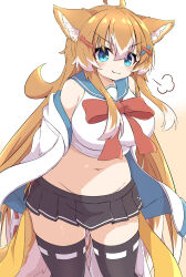  :3 ahoge animal_ear_fluff animal_ears aqua_eyes belly black_skirt black_thighhighs blue_sailor_collar bow bowtie breasts cropped_shirt feet_out_of_frame female hair_between_eyes hair_ornament hairclip highres jacket jacket_partially_removed large_breasts light_blush long_hair miniskirt multicolored_hair navel open_clothes open_jacket orange_hair original pleated_skirt puff_of_air red_bow red_bowtie red_ribbon ribbon ribbon-trimmed_thighhighs ribbon_trim sailor_collar shirt sidelocks skirt sleeveless sleeveless_shirt smug solo tail thighhighs toramaru2001710 two-tone_hair v-shaped_eyebrows very_long_hair white_background white_hair white_jacket white_shirt x_hair_ornament zettai_ryouiki 