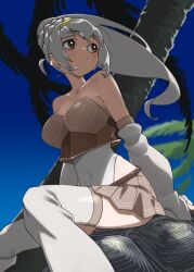  armor bare_shoulders braid breasts brown_eyes brown_skirt commentary crown_braid detached_sleeves female hair_between_eyes hairband highres kemono_friends large_breasts leotard long_hair looking_to_the_side palm_tree pleated_skirt ponytail reptile_girl san_cristobal_giant_tortoise_(kemono_friends) sidelocks sitting skirt solo tanabe_(fueisei) thighhighs tree turtle_shell white_hair white_leotard white_sleeves white_thighhighs yellow_hairband zettai_ryouiki 