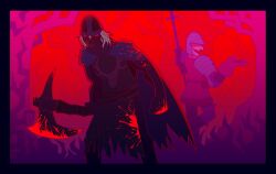  2boys armor black_border black_pants black_tunic blood blood_on_clothes blood_on_weapon blue_cape blue_eyes border brown_gloves cape cloud commentary creighton_of_mirrah dark_souls_(series) dark_souls_ii dn0l english_commentary feet_out_of_frame gloves grey_hair helmet male_focus mask masked mild_mannered_pate multiple_boys open_mouth pants pauldrons red_sky short_hair shoulder_armor sky standing tree tunic weapon 