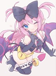  bare_shoulders black_boots black_gloves black_panties black_ribbon black_tank_top black_thighhighs blue_eyes boots elbow_gloves emil_chronicle_online female finger_to_cheek gloves hair_ribbon heart heart_tail highres lilim_(eco) long_hair navel one_eye_closed panties pink_hair pink_tail pointy_ears purple_wings ribbon smile solo tail tank_top thighhighs two_side_up underwear waist_bag white_background wings yusa_yuyu 