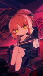  absurdres bare_shoulders black_kimono breasts chair cleaning_sword cleavage collared_shirt crossed_legs female freckles hair_bun hair_ornament hair_stick highres indoors irezumi ishmael_(project_moon) japanese_clothes kimono kurokumo_clan_(identity)_(project_moon) limbus_company looking_at_viewer medium_hair off_shoulder office_chair orange_hair project_moon shirt sitting solo swivel_chair tattoo xnol_xaxl 