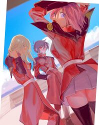  2boys belt black_hair black_thighhighs blonde_hair blue_eyes blue_sky coat dutch_angle female grey_skirt gundam gundam_seed gundam_seed_destiny highres jacket looking_at_viewer lunamaria_hawke medium_hair miniskirt multiple_boys outdoors pants pink_hair pleated_skirt purple_eyes red_coat red_eyes red_jacket red_pants rey_za_burrel shinn_asuka short_hair skirt sky thighhighs tokumei_wombat white_belt zaft_uniform zettai_ryouiki 
