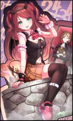  1boy ;) ahoge akabane_youko alternate_costume animal_print arm_tattoo armband ascot bat_(animal) belt belt_buckle black_border black_cape black_gloves black_headband black_jacket black_thighhighs black_vest black_wings blue_eyes blush border breasts brown_hair buckle buttons cape casket cat_print character_name cleavage cleavage_cutout closed_mouth clothing_cutout collared_shirt commentary_request copyright_name curled_ends demon_costume demon_girl demon_horns demon_tail demon_wings disembodied_hand dotted_background female fingerless_gloves fingernails fog frilled_armband frilled_sleeves frilled_wrist_cuffs frills gloves green_eyes halloween halloween_costume head_tilt headband high_collar highres holding holding_stuffed_toy horns jack-o'-lantern jacket kanae_(nijisanji) legband long_fingernails long_hair looking_at_viewer lying medium_breasts medium_hair mole mole_under_eye na53 navel nijisanji number_tattoo oerba_yun_fang official_artist_extra one_eye_closed open_mouth orange_skirt outline parted_bangs pink_nails pink_shoes platform_shoes pleated_skirt print_shoes pumpkin red_ascot red_hair roto_(kanae) scar scar_on_arm sharp_fingernails shirt shoes sidelocks single_fingerless_glove single_wrist_cuff sitting skirt skull_print skull_tattoo sleeveless sleeveless_shirt smile striped_clothes striped_vest stuffed_animal stuffed_cat stuffed_toy tail tattoo thighhighs two_side_up v-shaped_eyebrows vampire vampire_costume vertical-striped_clothes vertical-striped_vest vest virtual_youtuber well white_armband white_ascot white_belt white_shirt white_trim white_wrist_cuffs wing_collar wings wrist_cuffs zettai_ryouiki 