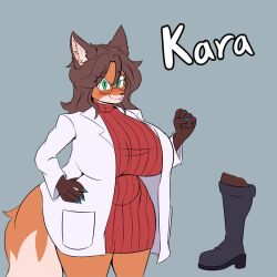  5_fingers absurd_res anthro big_breasts blue_nails blush blush_lines boots breasts brown_body brown_fur brown_hair canid canine clothing coat colored_nails eyelashes eyewear female fingers footwear fox fur glasses green_eyes hair hi_res huge_breasts inner_ear_fluff kara_woods_(polsy) lab_coat lips mammal mature_anthro mature_female nails orange_body orange_fur plantigrade polsy shoes slightly_chubby smile snout solo sweater_dress tail thick_thighs topwear tuft 