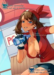  ariekochan bandana bike_shorts bike_shorts_under_shorts blue_eyes blush bottle breasts brown_hair cleavage collarbone female gloves holding holding_bottle large_breasts looking_at_viewer may_(pokemon) medium_hair open_mouth partially_unzipped pokemon pokemon_center pokemon_rse pouring pouring_onto_self red_bandana red_shirt shirt shorts shorts_under_shorts smile solo sweat water water_bottle 