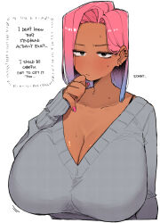 breasts cleavage dark-skinned_female dark_skin ear_piercing female forehead highres huge_breasts medium_hair nail_polish ohasi original piercing pink_(ohasi) pink_hair sweater v-neck 