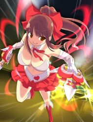  aura blunt_bangs boots bra breasts car city cleavage crop_top detached_collar dual_wielding elbow_gloves energy female fighting frilled_skirt frills gloves grey_bra hair_ribbon heart high_ponytail holding instrument kagari_(senran_kagura) knife large_breasts linea_alba long_hair miniskirt motor_vehicle navel neck_ribbon official_art open_mouth ponytail red_boots red_eyes red_hair red_ribbon red_skirt ribbon senran_kagura senran_kagura_new_wave sidelocks skirt smile solo tambourine underwear weaponized_instrument white_gloves 