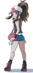  absurdres bag baseball_cap black_boots black_socks black_vest blue_eyes blush boots brown_hair commentary cutoffs denim denim_shorts emapippi exposed_pocket female full_body hat high_ponytail highres hilda_(pokemon) long_hair looking_at_viewer open_mouth poke_ball_print pokemon pokemon_bw ponytail shirt shorts shoulder_bag sidelocks simple_background smile socks solo vest white_background white_shirt wristband 