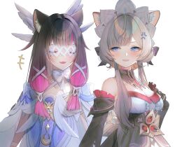  2girls aengdohwa anger_vein animal_ears bare_shoulders black_dress black_hair blue_eyes blush bonnet breasts brown_hair cat_ears cleavage closed_eyes columbina_(genshin_impact) detached_sleeves dress eye_mask fake_animal_ears genshin_impact highres long_hair long_sleeves looking_at_animal mask multicolored_hair multiple_girls oerba_yun_fang open_mouth pink_hair sandrone_(genshin_impact) short_hair_with_long_locks simple_background smile two-tone_hair white_background white_bonnet white_dress 