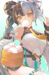  absurdres ahoge bamboo_steamer bare_shoulders black_hair braid braided_twintails breasts cable china_dress chinese_clothes detached_sleeves dialyn_(zenless_zone_zero) dress dumpling earrings female food food_in_mouth gradient_background green_background hair_extensions hair_ornament hairclip hand_up highres jewelry leg_up long_hair medium_breasts multicolored_hair necktie panda_hair_ornament rena2702 ring_hair_extensions solo sparkling_eyes split-color_hair sweatdrop thighhighs twitter_username white_background white_dress white_hair white_thighhighs yellow_eyes yellow_necktie zenless_zone_zero 