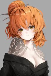  blush body_freckles breasts closed_mouth female freckles hair_bun hair_ornament hair_stick highres irezumi ishmael_(project_moon) kurokumo_clan_(identity)_(project_moon) large_breasts limbus_company looking_at_viewer medium_hair orange_hair project_moon rope shoulder_tattoo solo tattoo yuchan_00001 