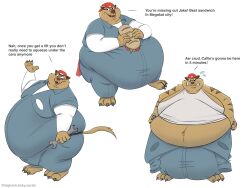  absurd_res anthro artist_name ass backwards_baseball_cap backwards_hat baseball_cap belly belly_overhang big_belly bigwankhank bodily_fluids chance_furlong chubby_cheeks claws clenched_teeth clothed clothing coveralls dialogue domestic_cat double_chin dressing english_text felid feline felis flying_sweatdrops food fur hanna-barbera hat headgear headwear hi_res holding_food holding_object holding_sandwich holding_tool holding_wrench huge_belly love_handles male mammal mechanic moobs morbidly_obese morbidly_obese_anthro morbidly_obese_male multiple_poses obese obese_anthro obese_male open_mouth open_smile orange_body orange_fur overweight overweight_anthro overweight_male pose raised_arm sandwich_(food) sitting smile solo standing striped_body striped_fur stripes struggling_to_fit submarine_sandwich swat_kats sweat sweatdrop teeth text thick_thighs tight_clothing toe_claws tools weight_gain wide_hips wrench 