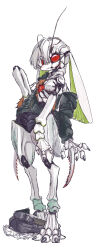  antennae arthropod_girl black_jacket carapace claws commentary_request extra_arms female full_body head_wings highres insect_wings jacket looking_at_viewer monster_girl original red_eyes shorts solo standing torn_clothes white_background white_hair wings yunimaru 