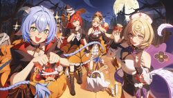  +_+ 1other 4girls absurdres alice_thymefield alternate_costume animal_ears ascot bandages bangboo_(zenless_zone_zero) bare_shoulders bare_tree bat_(animal) belt belted_skirt black_boots black_bow black_horns black_shirt black_skirt blonde_hair blood blood_on_clothes blue_hair blush boots bow braid breasts bucket candle candy chest_bow choker claw_pose commentary cross cross_choker detached_sleeves english_commentary eous_(zenless_zone_zero) eyeball food food-themed_hair_ornament frilled_sleeves frills ghost_costume goat_ears goat_girl goat_horns green_eyes hair_between_eyes hair_intakes hair_ornament hairbow halloween halloween_bucket halloween_costume hat hat_bow heart heterochromia high-waist_skirt highres holding holding_bucket holding_hands hood horns komano_manato large_breasts long_hair looking_at_another looking_at_viewer low_twintails lucia_elowen mansion mole mole_under_mouth moon multiple_girls neck_ribbon night night_sky nurse_cap open_mouth orange_bow orange_eyes orange_socks outdoors pointy_ears pumpkin pumpkin_brooch pumpkin_hair_ornament purple_bow purple_eyes purple_ribbon rabbit_girl red_bow red_eyes red_hair red_ribbon ribbon ringed_eyes shadow shirt short_hair skirt skull_brooch sky socks sparkle sphere_hair_ornament sticker striped_clothes striped_socks stuffed_toy suction_cups teeth tentacle tentacle_girl tentacle_tail tombstone tree tujiu_sama twin_braids twintails ukinami_yuzuha upper_teeth_only white_ascot white_shirt witch_hat wrist_cuffs yidhari_murphy zenless_zone_zero 