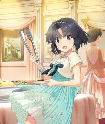  2girls :d aqua_bow aqua_dress back_bow backless_dress backless_outfit black_hair blue_dress blush bow brown_hair buffet cowboy_shot dot_nose dress earrings floral_print food formal_clothes game_cg grey_eyes hairband holding holding_plate holding_tongs indoors jewelry large_bow looking_at_viewer multiple_girls musumi_kiyoka necklace official_art open_mouth orange_dress parted_bangs picture_frame plate print_dress rose_print short_hair shrug_(clothing) smile solo_focus third-party_source toji_no_miko toji_no_miko:_kizamishi_issen_no_tomoshibi tongs white_shrug 
