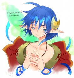  ahoge blue_eyes blue_hair cape closed_mouth collarbone copyright_name crescent crescent_hair_ornament dated female hair_ornament highres mayashtale pointy_ears red_cape rena_lanford short_hair smile solo star_ocean star_ocean:_the_second_story 