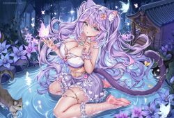  animal_ears artist_name asymmetrical_legwear blue_eyes blue_flower bow breasts bug butterfly cat_ears cat_girl cat_tail choker cleavage commission eyelashes feline female fishnet_pantyhose fishnet_socks fishnets flower hairbow heart highres indie_virtual_youtuber jewelry krashena long_hair meowjennycat navel pantyhose pink_bow pink_butterfly pink_shoes pleated_skirt purple_hair purple_skirt ring shoes single_leg_pantyhose skirt socks stomach tail virtual_youtuber water white_choker 