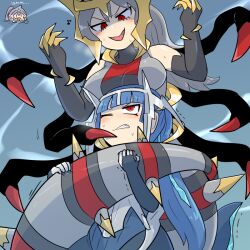  blue_hair blush blush_stickers breast_rest breasts breasts_on_head cartier_(kasugai_(de-tteiu)) commentary detached_sleeves dialga eve_(kasugai_(de-tteiu)) fake_horns furrowed_brow giratina giratina_(origin) grey_hair high_ponytail horned_headwear horns kasugai_(de-tteiu) lamia large_breasts maiden_(kasugai_(de-tteiu)) monster_girl musical_note nose_blush one_eye_closed palkia peeking_out personification pink_hair pokemon pokemon_dppt ponytail red_eyes siblings sisters snake_bondage sweat tail tail_grab tail_wrap tentacle translated trembling wince |_| 