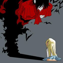  1boy aged_down alucard_(hellsing) barefoot bent_over black_hair blonde_hair blue_skirt capelet female glasses grey_background hair_over_eyes hellsing integra_hellsing long_hair looking_up lowres neckerchief pale_skin pleated_capelet pleated_skirt red_capelet red_neckerchief shadow skirt smile toshimichi_yukari vampire 