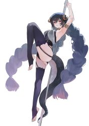  absurdres arm_up armlet armpits belt black_belt black_hair black_thighhighs braid breasts brown_horns closed_mouth commentary commission curved_horns double-parted_bangs female full_body gold_armlet hair_between_eyes highres horns jewelry large_breasts leg_up legs light_smile long_hair looking_at_viewer nbee_ya no_shoes original pole_dancing red_eyes simple_background sleeveless slit_pupils tail thighhighs thighs toes twin_braids very_long_hair white_background 
