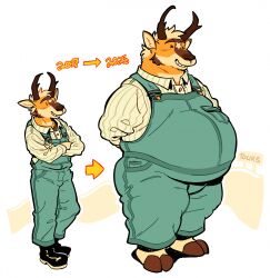  2_horns anthro antlers before_and_after belly big_belly biped black_boots black_clothing black_footwear body_size_growth boots brown_antlers brown_body brown_eyebrows brown_fur brown_hooves brown_horn brown_nose closed_eyes clothed clothed_anthro clothed_male clothing collared_shirt crossed_arms digital_drawing_(artwork) digital_media_(artwork) directional_arrow dress_shirt english_text eyebrows facial_markings fingers flat_colors footwear full-length_portrait fully_clothed fully_clothed_anthro fully_clothed_male fur green_clothing green_overalls grin hair hands_behind_back handwritten_text head_markings hi_res hooved_plantigrade hooved_toes hooves horn humanoid_hands male male_anthro mammal markings multicolored_body multicolored_fur orange_body orange_ears orange_fur overalls overweight overweight_anthro overweight_male pattern_clothing pattern_shirt pattern_topwear plantigrade portrait pronghorn raymodule shirt shoes simple_background simple_eyes size_transformation smile solo standing star_(marking) striped_clothing striped_dress_shirt striped_shirt striped_topwear stripes tan_body tan_fur tan_hair tan_inner_ear teeth text three-quarter_portrait topwear transformation weight_gain 