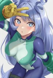  blue_eyes blue_hair blush bodysuit boku_no_hero_academia breasts commentary_request drill_hair female gloves hado_nejire hair_horns highres large_breasts long_hair looking_at_viewer navel open_mouth simple_background solo straight twin_drills very_long_hair white_background yukino110802 