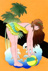  asaoka_natsumi ball bare_arms bare_shoulders barefoot beachball bent_over breasts brown_eyes brown_hair commentary_request dress female frilled_dress frills from_side full_body green_ribbons hair_ribbon highres long_hair looking_at_viewer looking_to_the_side medium_breasts microdress miura_mitsuru official_art open_hands open_mouth outstretched_arms palm_tree reaching ribbon sleeveless sleeveless_dress smile solo swimsuit the_kabocha_wine thighs tree waves yellow_dress yellow_ribbon 