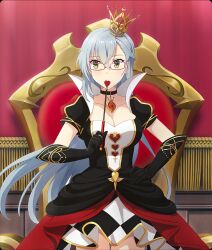  alice's_adventures_in_wonderland black_choker black_dress black_gloves black_skirt braid breasts checkered_clothes checkered_skirt choker cleavage collarbone cosplay cowboy_shot crown curtains dot_nose dress elbow_gloves female game_cg gem glasses gloves gold_crown grey_hair half_up_braid hand_on_own_hip heart high_collar holding holding_pointer kitora_mirja large_breasts layered_skirt mini_crown official_art pendant_choker pointer purple-framed_eyewear queen_of_hearts_(alice_in_wonderland) queen_of_hearts_(alice_in_wonderland)_(cosplay) red_gemstone red_skirt short_sleeves sideways_glance skirt solo third-party_source throne tilted_headwear toji_no_miko toji_no_miko:_kizamishi_issen_no_tomoshibi two-tone_dress white_dress white_skirt yellow_eyes 