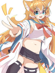  ahoge animal_ear_fluff animal_ears aqua_eyes belly black_skirt black_thighhighs blue_sailor_collar bow bowtie breasts cropped_shirt female hair_between_eyes hair_ornament hairclip highres jacket jacket_partially_removed large_breasts light_blush long_hair miniskirt multicolored_hair navel notice_lines oerba_yun_fang open_clothes open_jacket open_mouth orange_hair original pleated_skirt red_bow red_bowtie red_ribbon ribbon ribbon-trimmed_sleeves ribbon-trimmed_thighhighs ribbon_trim sailor_collar shirt sidelocks simple_background skin_fang skindentation skirt sleeveless sleeveless_shirt smile solo tail thighhighs toramaru2001710 two-tone_hair v v-shaped_eyebrows very_long_hair white_background white_hair white_jacket white_shirt wide_sleeves x_hair_ornament zettai_ryouiki 
