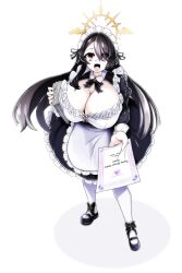  absurdres alternate_costume apron black_dress black_hair blue_archive breasts dress enmaided female frilled_apron frilled_dress frills hair_over_one_eye halo highres hinata_(blue_archive) holding holding_paper huge_breasts juliet_sleeves lazy_ant long_hair long_sleeves looking_at_viewer maid maid_apron maid_headdress paper puffy_sleeves purple_eyes short_dress solo very_long_hair waist_apron white_apron winged_halo yellow_halo 